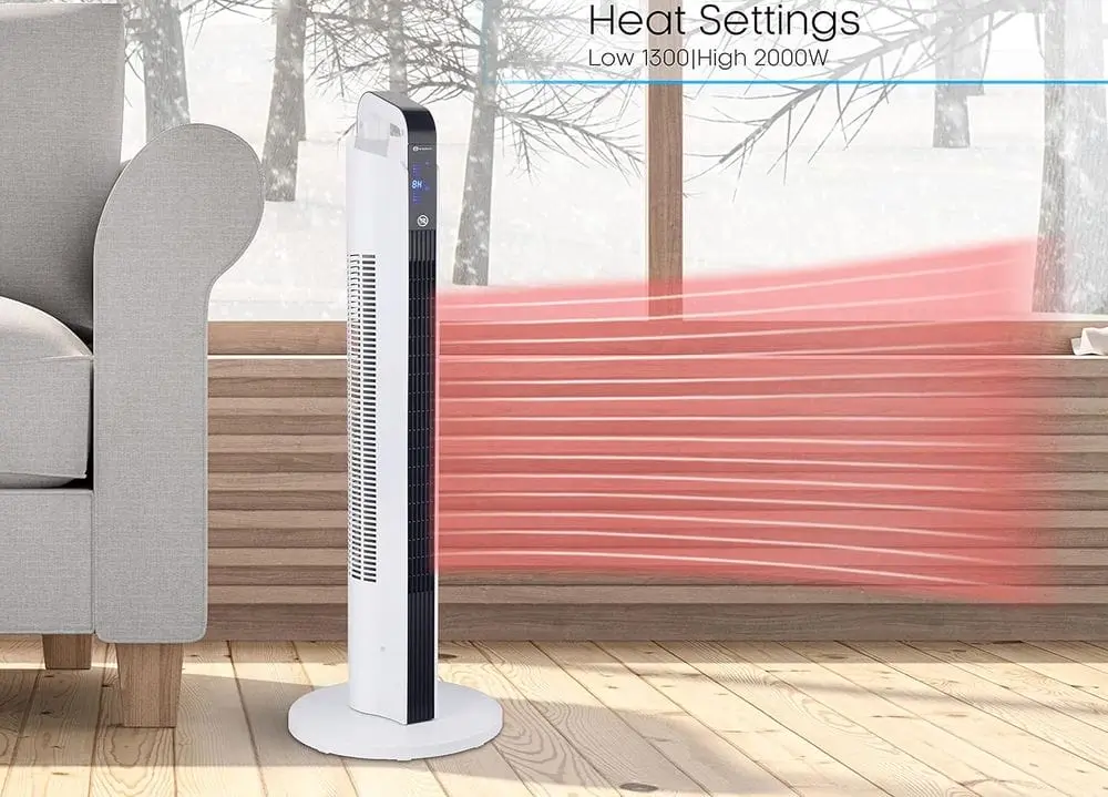 PureMate Ceramic Tower Fan Heater On Wood Floor