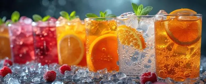 Various Fruit Drinks In Red, Orange